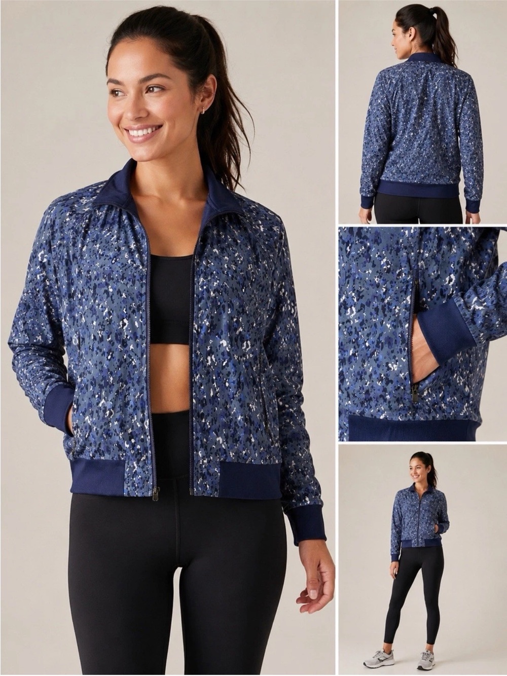 Athleta Brooklyn Track Bomber Jacket Women’s Medium Blue Print Full Zip Women’s